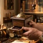 Un homme tient un moulin à café ancien en bois avec son tiroir ouvert révélant des grains. Scène d'expertise dans un atelier.