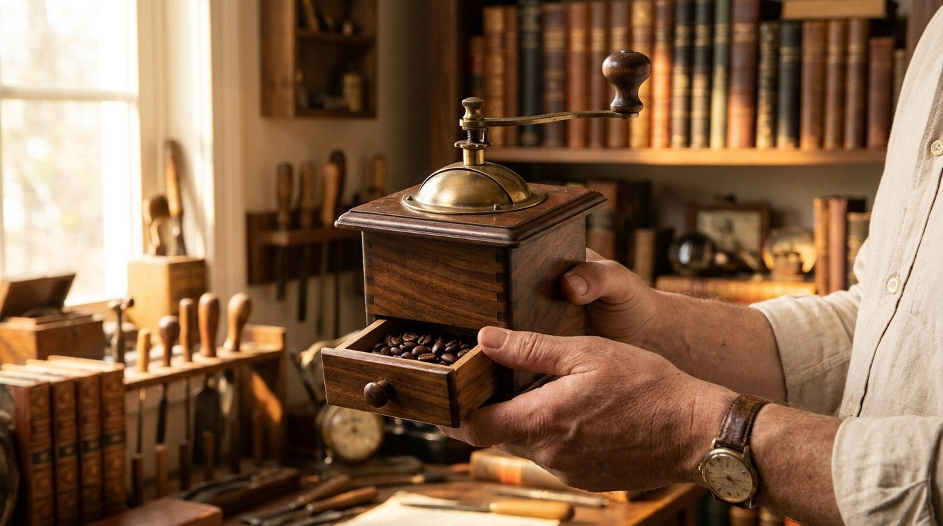 Un homme tient un moulin à café ancien en bois avec son tiroir ouvert révélant des grains. Scène d'expertise dans un atelier.