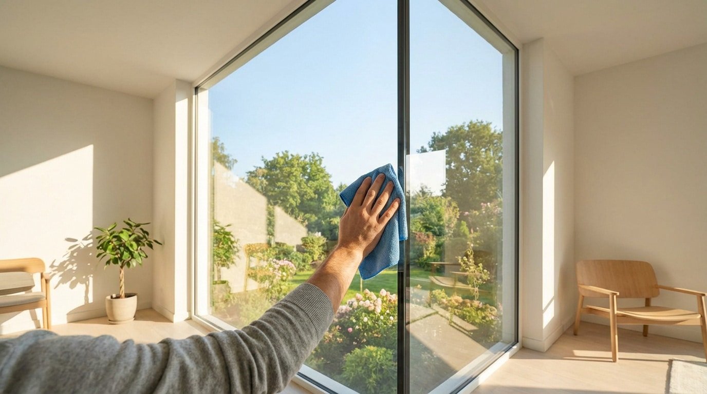 Main nettoyant une grande fenêtre moderne avec un chiffon bleu, vue sur un jardin verdoyant. Lumière naturelle éclatante.