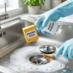 Une personne gantée nettoie un évier de cuisine avec du bicarbonate de soude et du vinaigre blanc, créant de la mousse autour du drain.