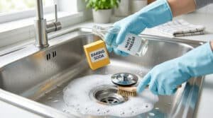 Une personne gantée nettoie un évier de cuisine avec du bicarbonate de soude et du vinaigre blanc, créant de la mousse autour du drain.