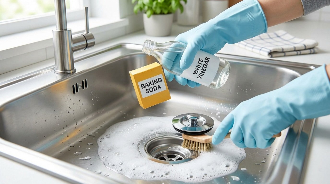 Une personne gantée nettoie un évier de cuisine avec du bicarbonate de soude et du vinaigre blanc, créant de la mousse autour du drain.
