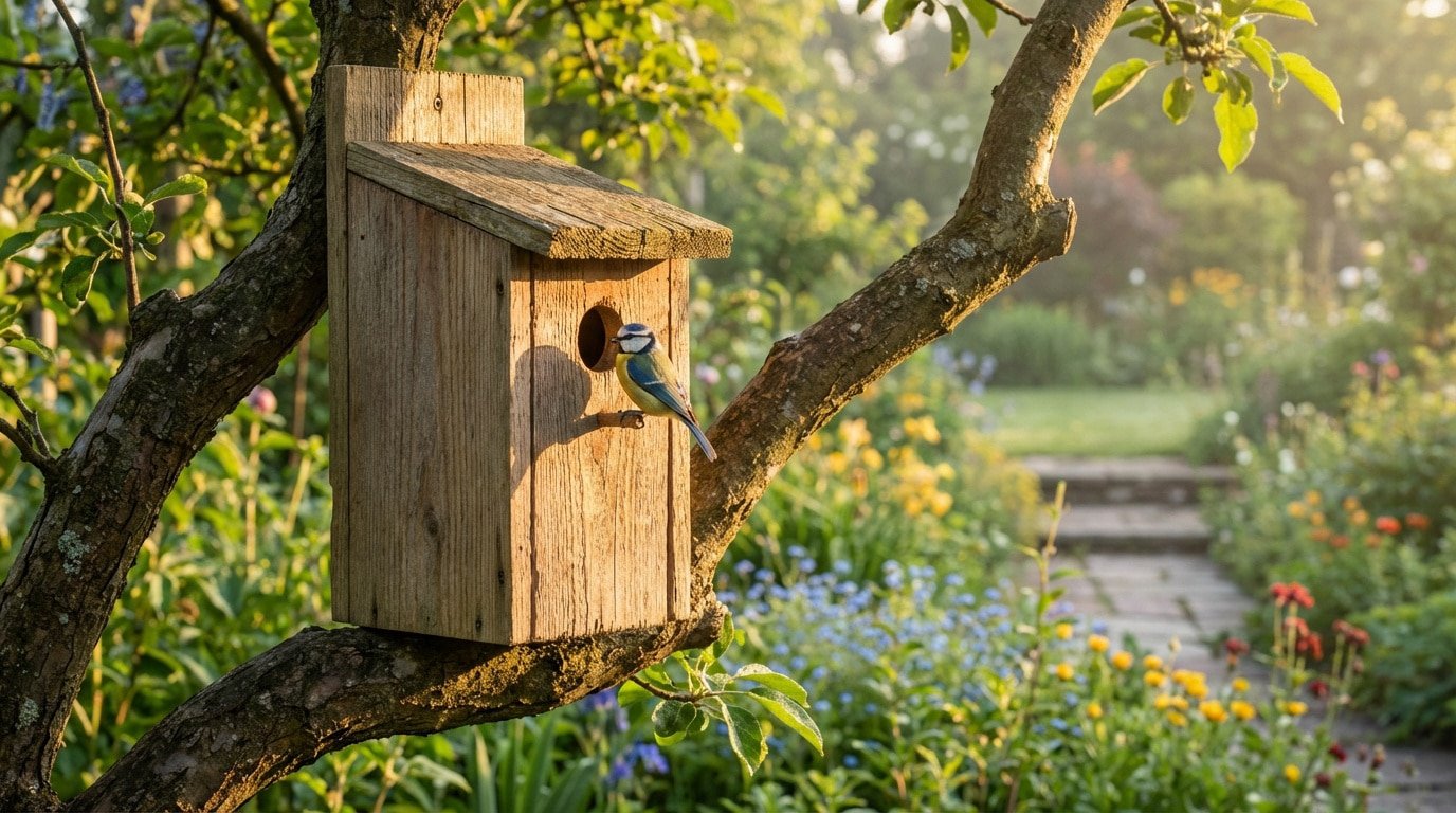 Nichoir en bois sur une branche d'arbre avec une mésange bleue à l'entrée, dans un jardin ensoleillé et fleuri.