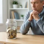 Homme âgé pensif devant un pot d'économies marqué 'Full Pension Goal', loin d'être atteint. Contexte de retraite.