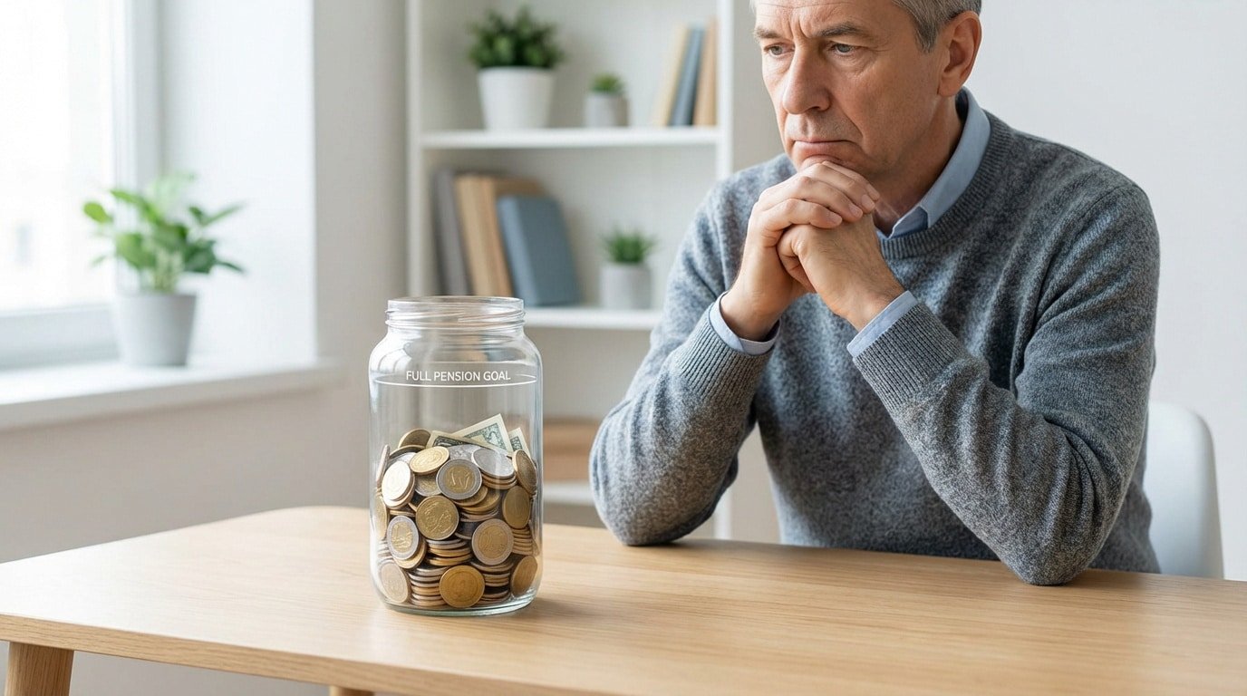 Homme âgé pensif devant un pot d'économies marqué 'Full Pension Goal', loin d'être atteint. Contexte de retraite.