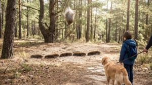 Un enfant et son chien observent une procession de chenilles en forêt. Un nid de chenilles processionnaires est visible dans un arbre.
