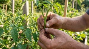 Gros plan sur des mains sales effectuant le pincement d'une tige de tomate dans un jardin potager ensoleillé.
