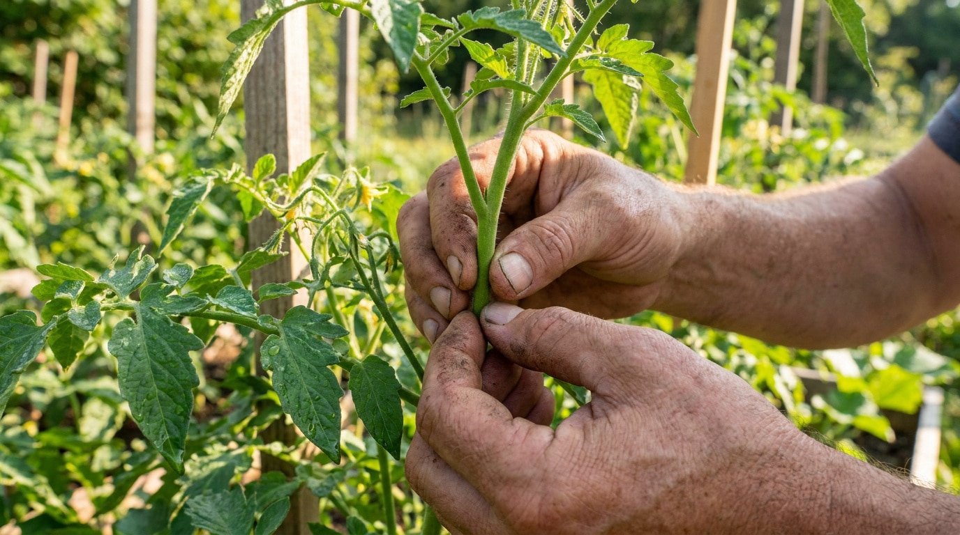 Gros plan sur des mains sales effectuant le pincement d'une tige de tomate dans un jardin potager ensoleillé.