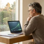 Homme d'âge mûr visualise sa projection d'épargne retraite sur un ordinateur portable dans un bureau lumineux.