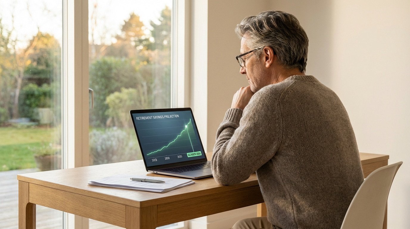 Homme d'âge mûr visualise sa projection d'épargne retraite sur un ordinateur portable dans un bureau lumineux.