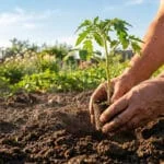 Gros plan sur des mains plantant un jeune plant de tomate vert dans la terre meuble d'un jardin sous un ciel bleu ensoleillé.