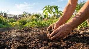 Gros plan sur des mains plantant un jeune plant de tomate vert dans la terre meuble d'un jardin sous un ciel bleu ensoleillé.