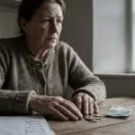 Une femme âgée pensive compte des pièces et un billet sur une table, avec une liste de courses.