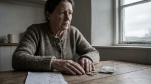 Une femme âgée pensive compte des pièces et un billet sur une table, avec une liste de courses.
