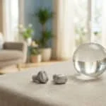 Deux appareils auditifs discrets gris sur une nappe, avec une boule de cristal et un salon lumineux en arrière-plan.