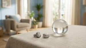 Deux appareils auditifs discrets gris sur une nappe, avec une boule de cristal et un salon lumineux en arrière-plan.