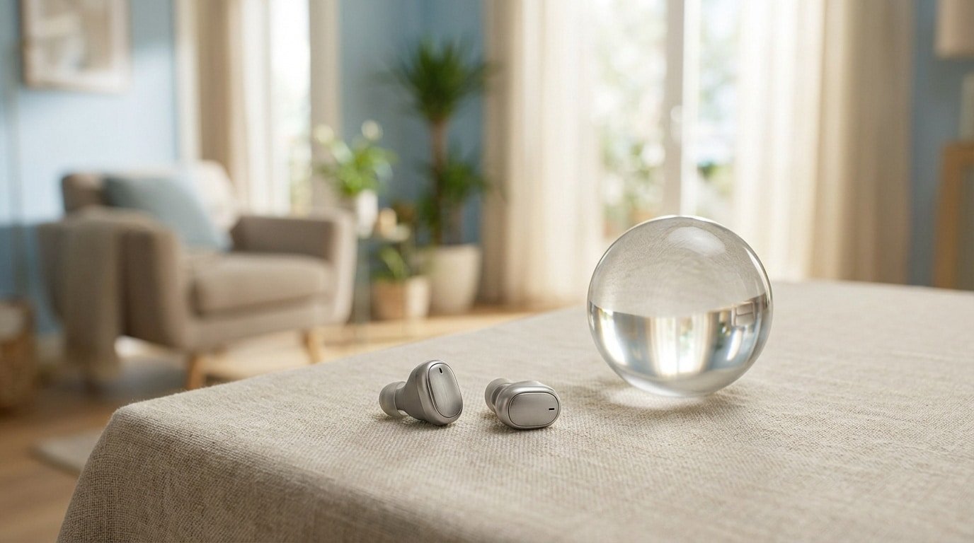 Deux appareils auditifs discrets gris sur une nappe, avec une boule de cristal et un salon lumineux en arrière-plan.