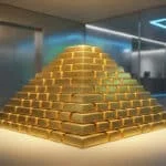 Pyramide massive de lingots d'or brillants et empilés dans un environnement bancaire moderne avec des éclairages néon.