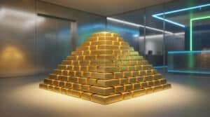 Pyramide massive de lingots d'or brillants et empilés dans un environnement bancaire moderne avec des éclairages néon.
