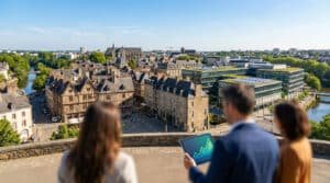 Vue de Rennes, mélange d'ancien et de moderne. Deux personnes, l'une tient une tablette avec un graphique de croissance symbolisant l'immobilier.