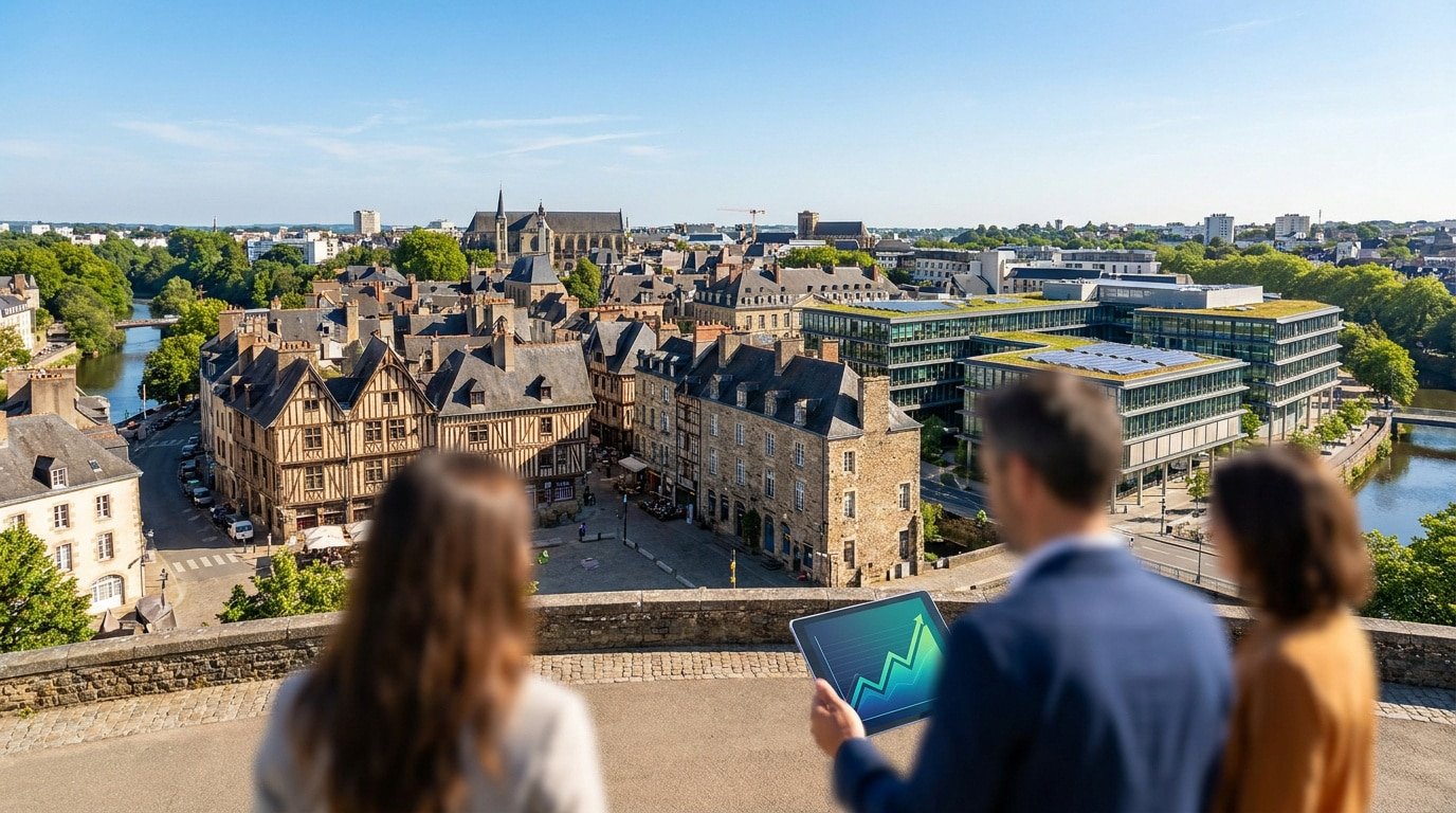 Vue de Rennes, mélange d'ancien et de moderne. Deux personnes, l'une tient une tablette avec un graphique de croissance symbolisant l'immobilier.