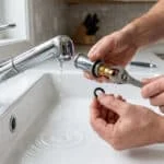 Un homme répare un robinet de cuisine qui goutte, tenant une clé à molette et un joint torique neuf au-dessus de l'évier.