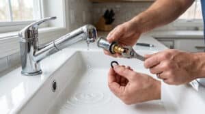 Un homme répare un robinet de cuisine qui goutte, tenant une clé à molette et un joint torique neuf au-dessus de l'évier.