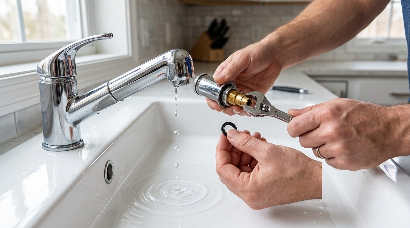 Un homme répare un robinet de cuisine qui goutte, tenant une clé à molette et un joint torique neuf au-dessus de l'évier.