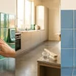 Main sur carrelage vert brillant, cuisine avec pot de résine époxy, carrelage bleu rayé avec porte-savon.