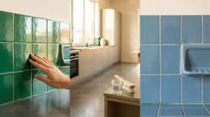 Main sur carrelage vert brillant, cuisine avec pot de résine époxy, carrelage bleu rayé avec porte-savon.