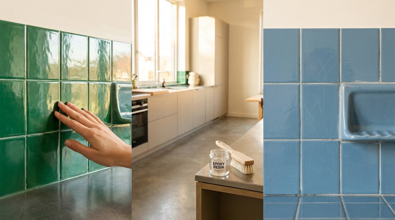 Main sur carrelage vert brillant, cuisine avec pot de résine époxy, carrelage bleu rayé avec porte-savon.