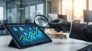 Une main gantée de noir tient une loupe au-dessus d'une tablette affichant des graphiques financiers et des verrous, à côté de billets d'euros. Lutte contre la fraude.