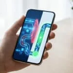 Un smartphone affiche deux chemins: un rouge bloqué, un vert rapide avec éclair. Symbolise les virements bancaires efficaces ou bloqués.