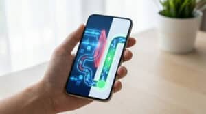 Un smartphone affiche deux chemins: un rouge bloqué, un vert rapide avec éclair. Symbolise les virements bancaires efficaces ou bloqués.