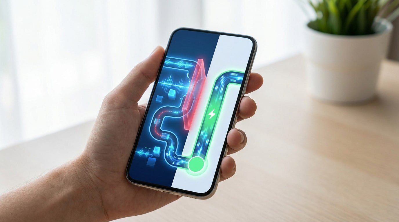Un smartphone affiche deux chemins: un rouge bloqué, un vert rapide avec éclair. Symbolise les virements bancaires efficaces ou bloqués.
