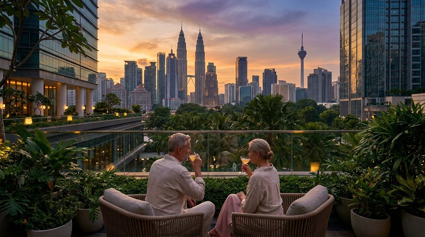 Couple de retraités profitant d'un verre sur une terrasse luxueuse à Kuala Lumpur, avec les tours Petronas et la tour KL au coucher du soleil.