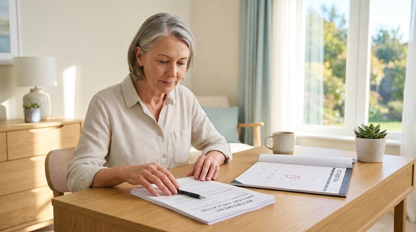 Femme mature remplissant un formulaire de demande de retraite devant un calendrier marqué pour octobre 2026.