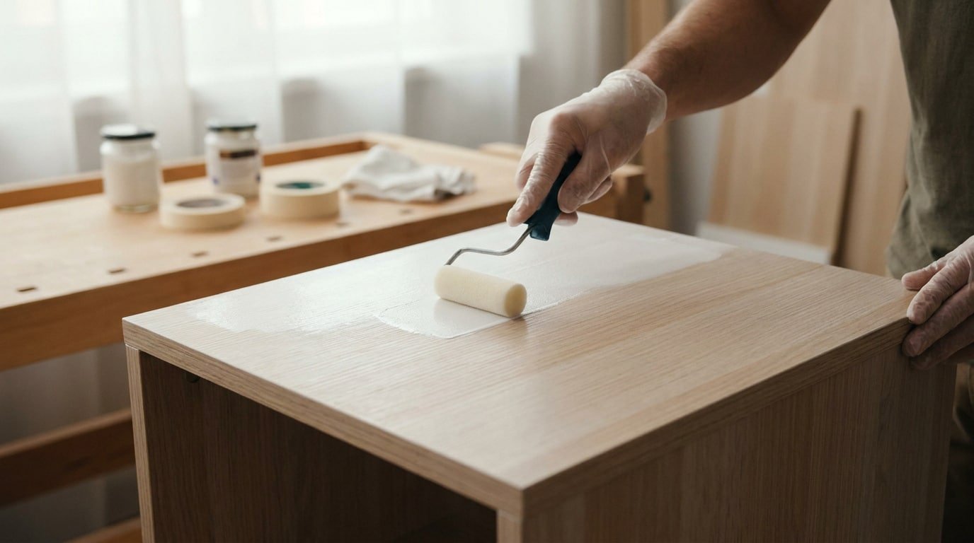 Une personne portant des gants applique de la peinture blanche sur un meuble en bois à l'aide d'un petit rouleau.