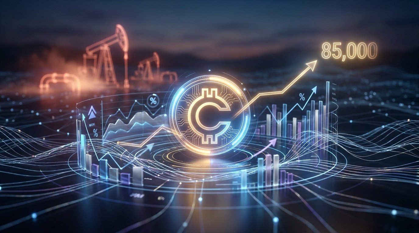Une représentation numérique du Bitcoin avec un graphique haussier atteignant 85 000 et des silhouettes de pompes à pétrole.