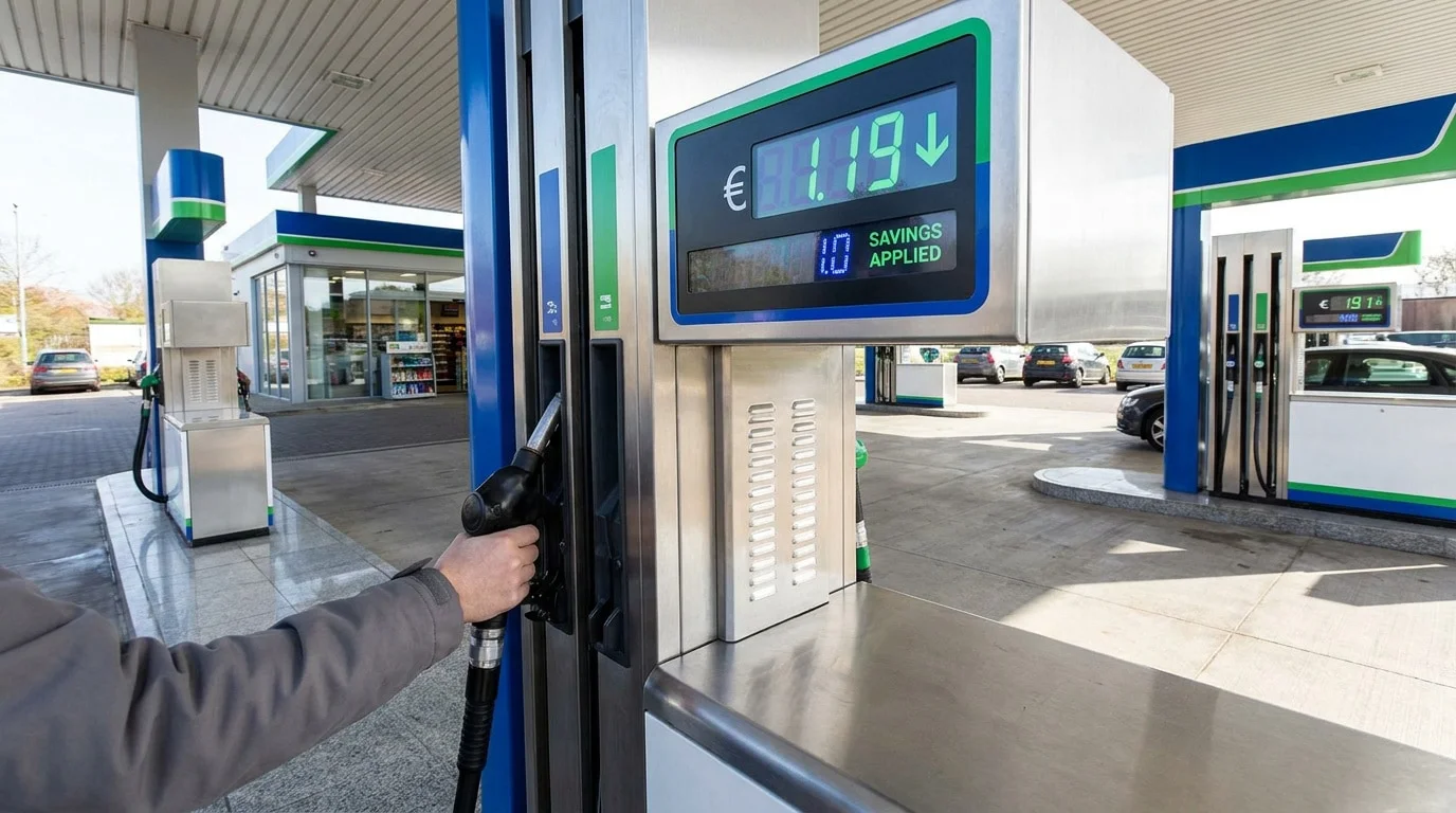 Une main saisissant un pistolet à essence dans une station-service affichant une réduction de prix en euros.