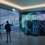 Trois professionnels observent des données numériques et une carte de France holographique devant des serveurs.