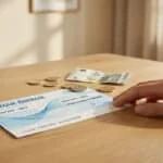 Une main posée près d'un chèque énergie de 150 euros et quelques pièces de monnaie sur une table en bois.