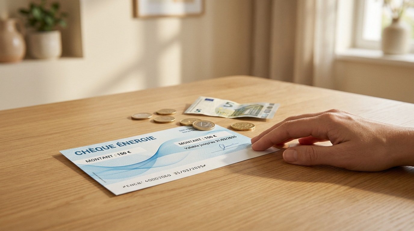 Une main posée près d'un chèque énergie de 150 euros et quelques pièces de monnaie sur une table en bois.