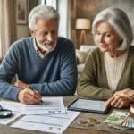 Un couple de retraités aux cheveux gris examine des documents financiers et un graphique sur une tablette, avec des euros, pour leurs droits.