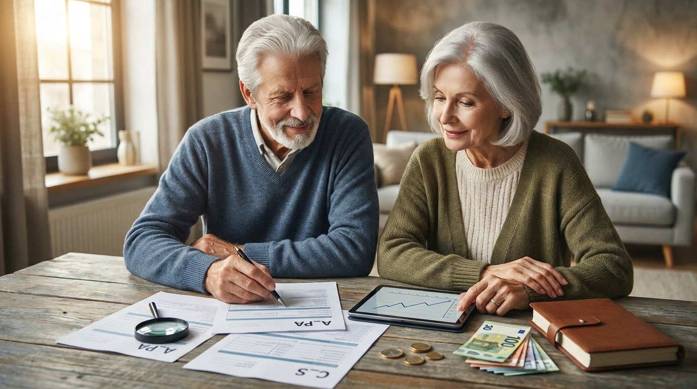 Un couple de retraités aux cheveux gris examine des documents financiers et un graphique sur une tablette, avec des euros, pour leurs droits.