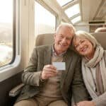 Un couple de seniors souriant et assis dans un train, tenant une carte de réduction blanche.