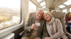 Un couple de seniors souriant et assis dans un train, tenant une carte de réduction blanche.