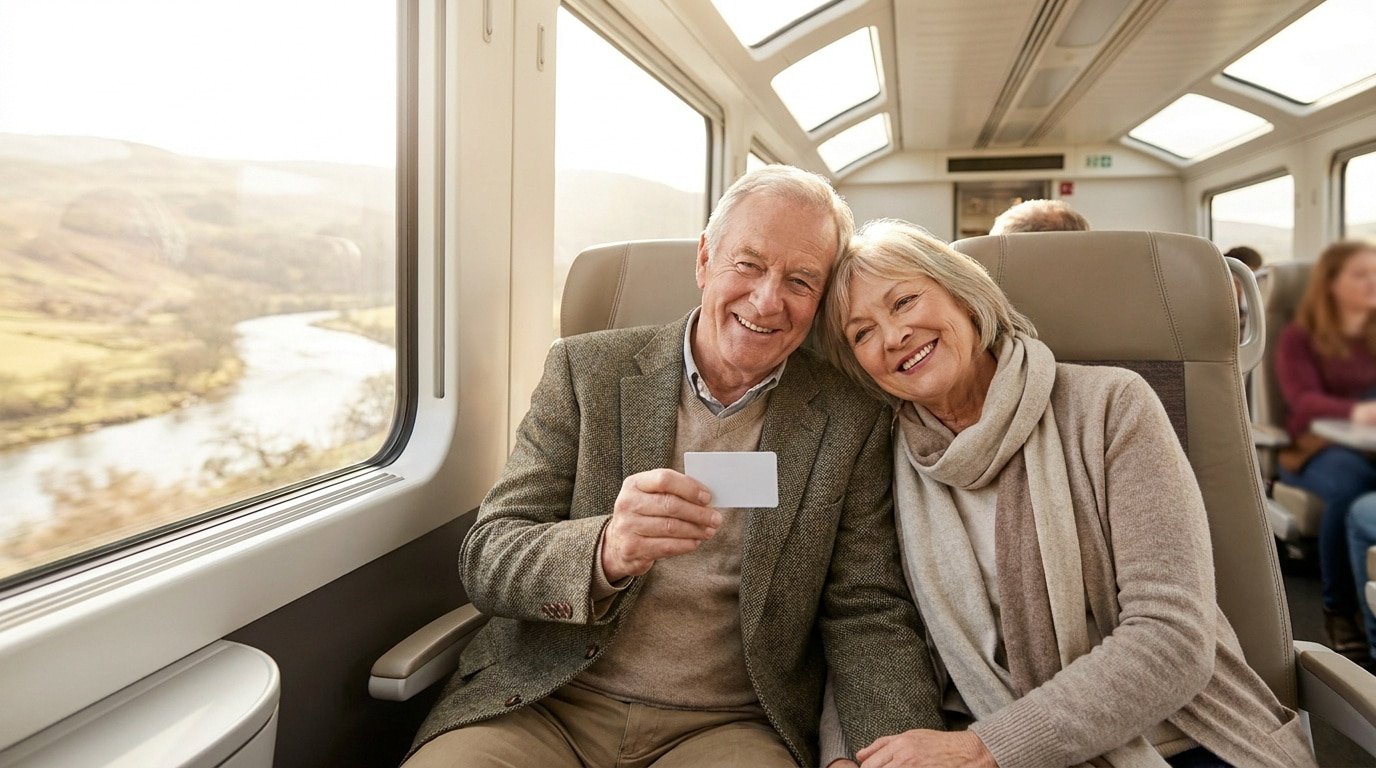 Un couple de seniors souriant et assis dans un train, tenant une carte de réduction blanche.