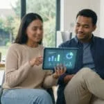 Un couple consulte des graphiques financiers sur une tablette numérique pour préparer leur avenir et leur retraite.