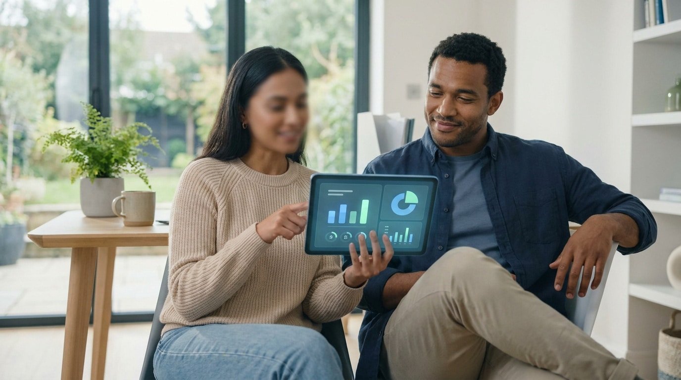 Un couple consulte des graphiques financiers sur une tablette numérique pour préparer leur avenir et leur retraite.